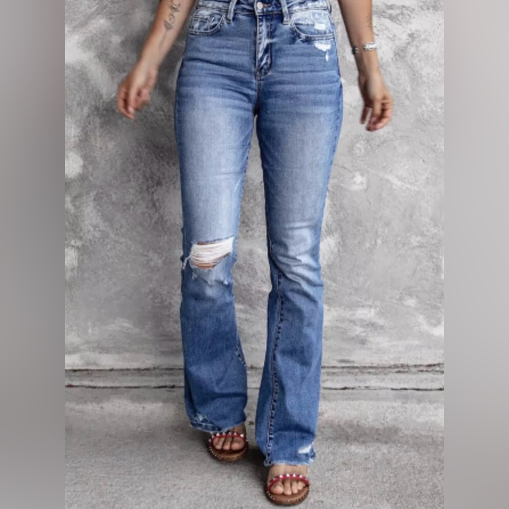 Womens Blue Distressed Flare High-Rise Stretch Raw Ripped‎ Jeans Zip-fly Button